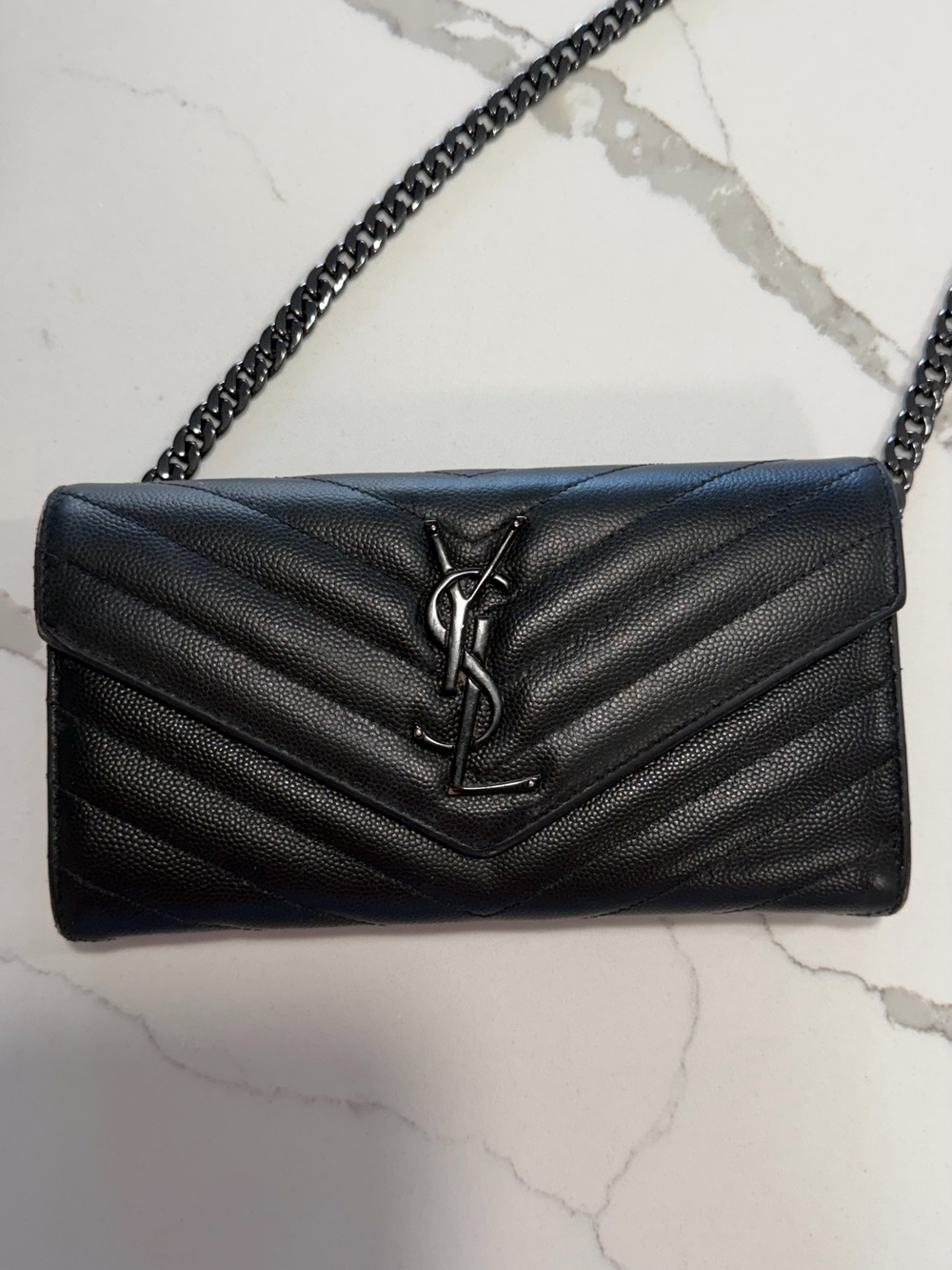 Authentic YSL Saint Laurent Black purse handbag WOC Wallet-on-Chain Gunmetal YSL